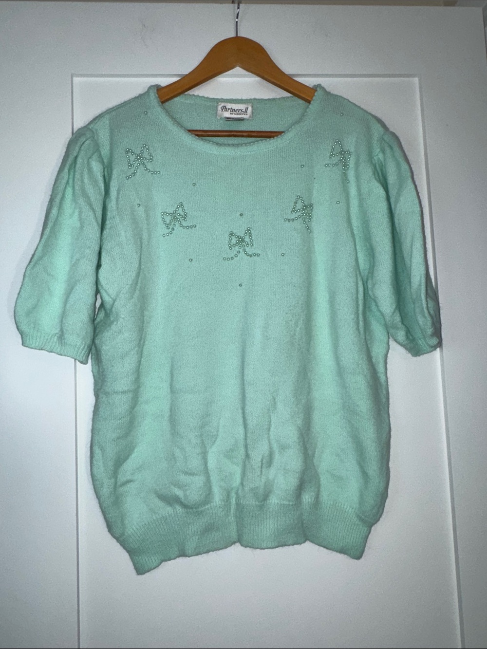 Vintage Partners II by Mervyns Mint Green Beaded Bow Knit Top Sz 20W